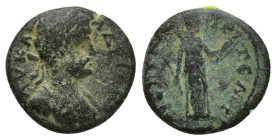 PAMPHYLIA, Perge. Hadrian. AD 117-138. Æ (14mm, 2.3 g). ΑΥ ΚΑΙ ΑΔΡΙΑΝΟ Laureate and draped bust right / ΑΡΤΕΜΙ ΠΕΡΓΑΙΑ, Artemis standing right, holdin...