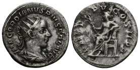 Gordian III AR Antoninianus. (22mm, 3.7 g) Rome, AD 241-243. IMP GORDIANVS PIVS FELAVG, radiate, draped & cuirassed bust right / P M TR P V COS II P P...