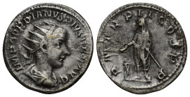 Gordian III AR Antoninianus. (21mm, 3.6 g) Rome, AD 238-244. IMP CAES GORDIANVS PIVS FEL AVG, radiate, draped and cuirassed bust right / PM TR P II CO...
