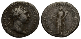 TRAJAN (98-117). Denarius. (18mm, 2.5 g) Rome. Obv: IMP TRAIANO AVG GER DAC P M TR P. Laureate bust right, with slight drapery. Rev: COS V P P SPQR OP...