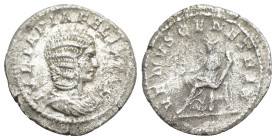 Julia Domna; Rome, 215 AD, Denarius, (19mm, 2.3 g) Obv: IVLIA PIA - FELIX AVG Bust draped r., coiffure has small nest. Rx: VENVS GENETRIX Venus seated...