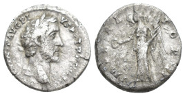 Antoninus Pius, 138-161. Rome, (17mm, 3 g) circa 143 Denarius, AR ANTONINVS AVG PIVS P P TR P COS III, Laureate head right / IMPERATOR II. Victory sta...