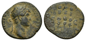 Hadrian, 118 – 137 Quadrans 134-138, Æ (16mm, 1.9 g). HADRIANVS – AVGVSTVS P P Laureate head r. Rev. COS – III S – C Three standards.