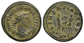 Probus AD 276-282. Antioch Antoninian Æ (21mm, 3.6 g). IMP C M AVR PROBVS P F AVG; radiate, draped, and cuirassed bust right / CLEMENTIA TEMP; emperor...