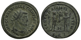 Diocletian Æ Antoninianus. (22mm, 4 g) Antioch, AD 284-305. IMP C C VAL DIOCLETIANVS AVG, radiate, draped and cuirassed bust right / CONCORDIA MILITVM...