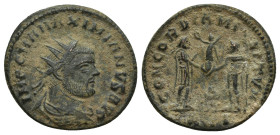 Maximianus Æ Antoninianus. (20mm, 3.2 g) Heraclea, AD 292-295. IMP C M A MAXIMIANVS AVG, radiate and draped bust right / CONCORDIA MILITVM, Jupiter pr...