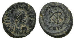 MARCIANUS (450-457). Ae. (11mm, 1 g) Constantinople. Obv: D N MARCIANVS P F AVG. Diademed, draped and cuirassed bust right. Rev: CON. Monogram; cross ...
