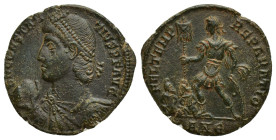 Constantius II. AD 337-361. Æ Follis (20mm, 3.5 g). Antioch mint, 5th officina. Struck AD 348-350. Pearl-diademed, draped, and cuirassed bust left, ho...
