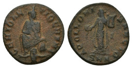 Time of Maximinus II Æ Nummus. (14mm, 1.4 g) Antioch, AD 310-313. 'Persecution Issue'. GENIO ANTIOCHENI, Tyche seated facing, river-god Orontes swimmi...
