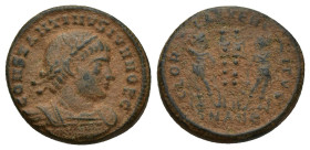 Constantinus II, as Caesar AD 317-337. Antioch Follis Æ (16mm, 3.1 g). CONSTANTINVS IVN NOB C, laureate and cuirassed bust right / GLORIA EXERCITVS, t...