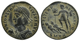 Constantius II. AD 337-361. Æ Centenionalis (20mm, 3.9 g). Cyzicus mint, 2nd officina. Struck AD 348-350. Pearl-diademed, draped, and cuirassed bust l...