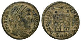 Constantine I the Great AD 306-337. Nicomedia Follis Æ (17mm, 3 g) CONSTANTINVS AVG, pearl-diademed head right / PROVIDENTIAE AVGG, camp gate with no ...