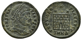 Constantine I Silvered Æ Nummus. (19mm, 2.9 g) Cyzicus, AD 324-325. CONSTANTINVS AVG, laureate head right / PROVIDENTIAE AVGG, camp gate with two turr...