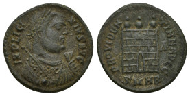 Licinius I. AD 308-324. Æ Follis (18mm, 2.6 g). Heraclea mint, 2nd officina. Struck AD 318-320. Laureate bust right, wearing imperial mantle, holding ...