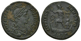 THEODOSIUS I (379-395). Ae. (22mm, 4.9 g) Antioch. Obv: D N THEODOSIVS P F AVG. Helmeted, diademed, draped and cuirassed bust right, holding shield an...