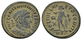 Constantine I Æ Follis. (19mm, 3.8 g) Rome, AD 314-315. IMP CONSTANTINVS PF AVG, laureate, draped and cuirassed bust right / SOLI INVICTO COMITI, Sol ...