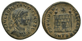 Constantius II (Caesar, 324-337). Æ Follis (18mm, 3.6 g). Thessalonica, c. 325-330. Laureate, draped and cuirassed bust r. R/ Camp gate, star above; S...
