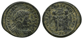 Constantine I (307/310-337). Æ Follis (17mm, 2.9 g). Treveri, 318-9. Laureate, helmeted and cuirassed bust r. R/ Two Victories standing vis à vis, tog...