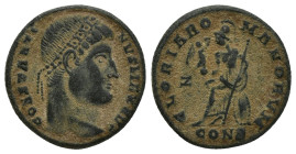 Constantine I Æ Nummus. (18mm, 3.1 g) Constantinople, AD 327-328. CONSTANTINVS MAX AVG, rosette-diademed head right / GLORIA ROMANORVM, Roma seated le...