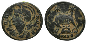 City Commemorative AD 333-335. Constantinople Follis Æ (18mm, 2.3 g). VRBS ROMA, helmeted, mantled bust of Roma left / She-wolf standing left suckling...