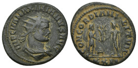 Maximianus Æ Antoninianus. (21mm, 4.3 g) Heraclea, AD 292-295. IMP C M A MAXIMIANVS AVG, radiate and draped bust right / CONCORDIA MILITVM, Jupiter pr...