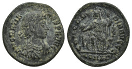 Gratian (367-383). Æ Follis (18mm, 2.4 g). Constantinople. Diademed, draped and cuirassed bust r. R/ Constantinopolis enthroned facing, holding spear ...