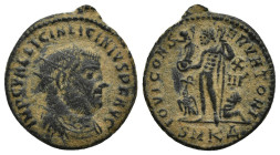 Licinius I AD 308-324. Cyzicus Follis Æ (19mm, 2.9 g). IMP C VAL LICIN LICINIVS P F AVG, radiate, draped and cuirassed bust right / IOVI CONSERVATORI,...