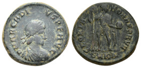 Arcadius, 383 - 408 AD AE Follis, (21mm, 5.5 g) Obverse: Diademed bust of Arcadius right. Reverse: Arcadius standing facing, holding labarum and globe...