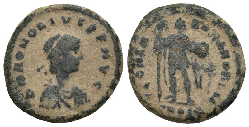 Honorius AD 393-423. Follis Æ (21mm, 4.8 g). D N HONORIVS P F AVG, pearl-diademe...