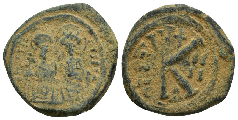 Justin II, with Sophia, Æ 20 Nummi. (23mm, 7.7 g) Thessalonica, dated RY 4 = AD ...