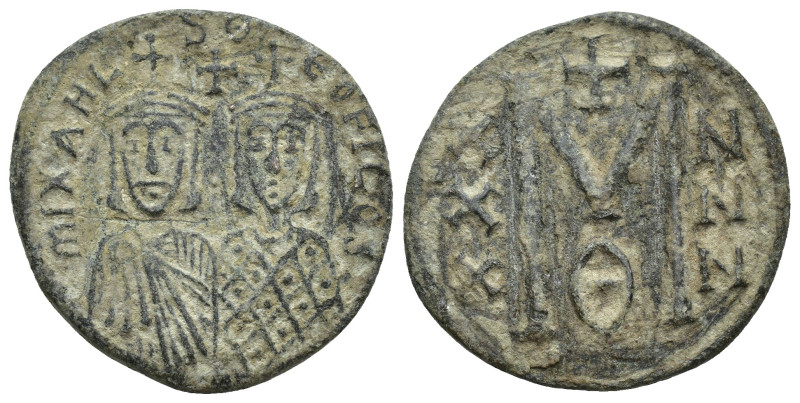 Michael II with Theophilus AD 820-829. Constantinople Follis Æ (25mm, 5.7 g). MI...