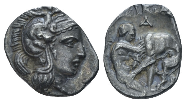 Calabria, Tarentum Diobol circa 325-280, AR 13.00 mm., 1.06 g.
Head of Athena r...