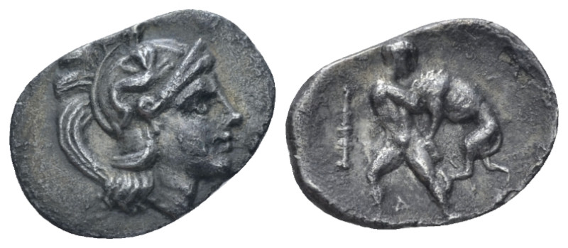 Calabria, Tarentum Diobol circa 380-325, AR 14.50 mm., 0.90 g.
Head of Athena r...
