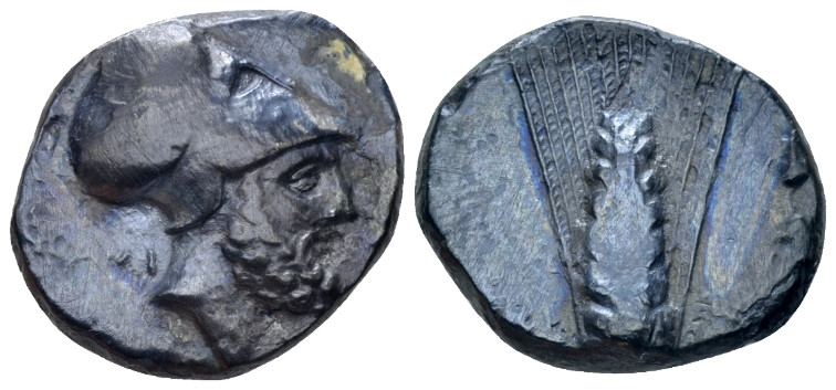 Lucania, Metapontum Nomos circa 340-330, AR 20.00 mm., 6.70 g.
Head of Leucippu...