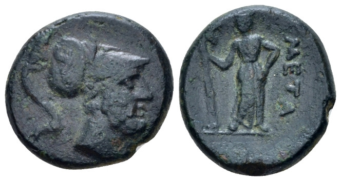 Lucania, Metapontum Bronze circa 220-200, Æ 18.00 mm., 4.88 g.
Helmeted head of...