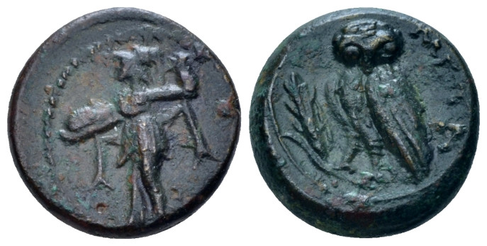Lucania, Metapontum Bronze circa 220-200, Æ 15.00 mm., 3.49 g.
Athena Alkedeimo...