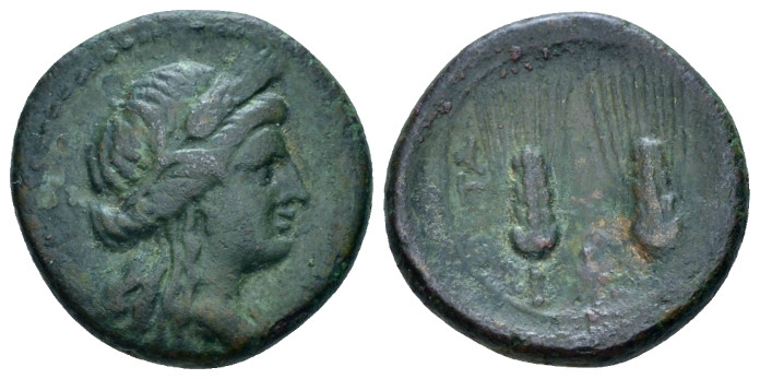 Lucania, Metapontum Bronze circa 220-200, Æ 18.00 mm., 4.32 g.
Wreathed head of...