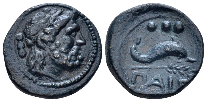 Lucania, Paestum Quadrans circa 218-201, Æ 16.00 mm., 3.24 g.
Head of Neptune r...