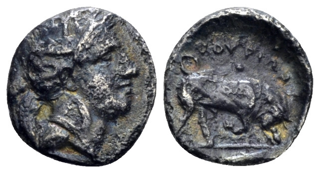 Lucania, Thurium Triobol circa 350-300, AR 12.00 mm., 1.02 g.
Head of Athena r....