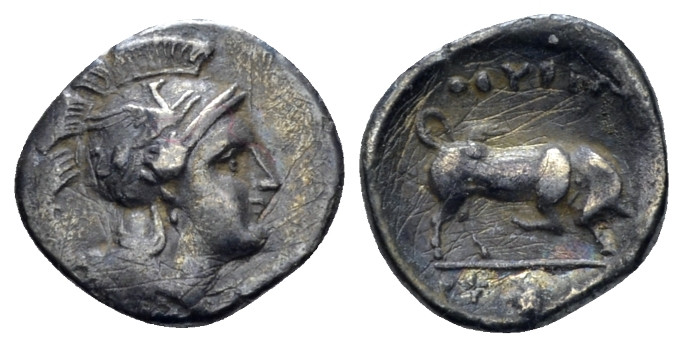 Lucania, Thurium Triobol circa 350-300, AR 11.00 mm., 0.87 g.
Head of Athena r....