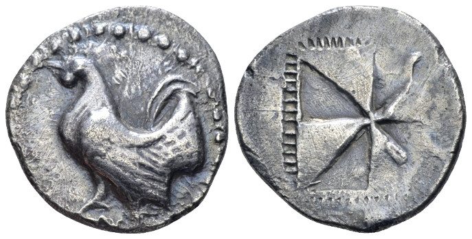 Sicily, Himera Drachm circa 530-520, AR 21.00 mm., 4.75 g.
Cock standing l. Rev...