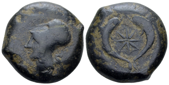 Sicily, Syracuse Drachm circa 375-345, Æ 28.00 mm., 31.68 g.
Head of Athena l.,...