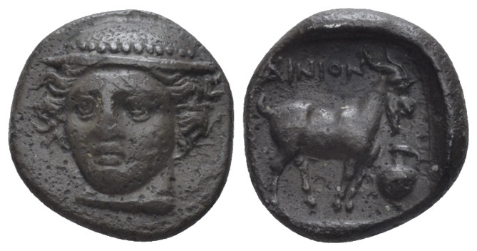 Thrace, Ainos Drachm circa 396-393, AR 13.00 mm., 2.54 g.
Head of Hermes facing...