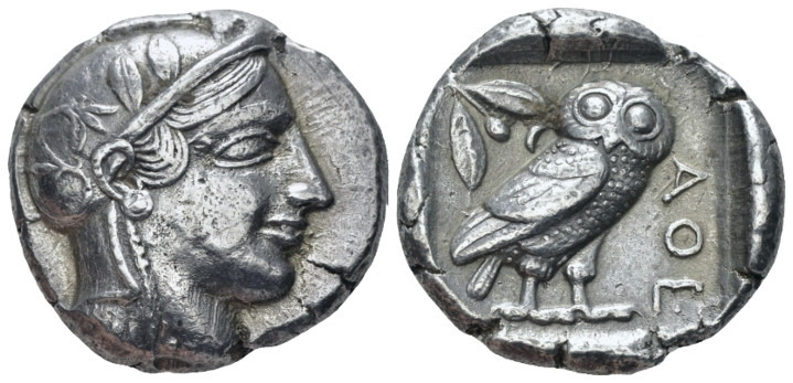 Attica, Athens Tetradrachm circa 455, AR 25.00 mm., 17.07 g.
Head of Athena r.,...