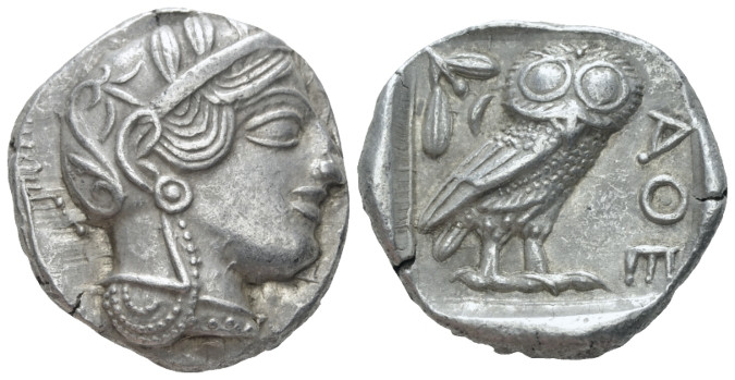 Attica, Athens Tetradrachm After 449, AR 25.00 mm., 17.14 g.
Head of Athena r.,...