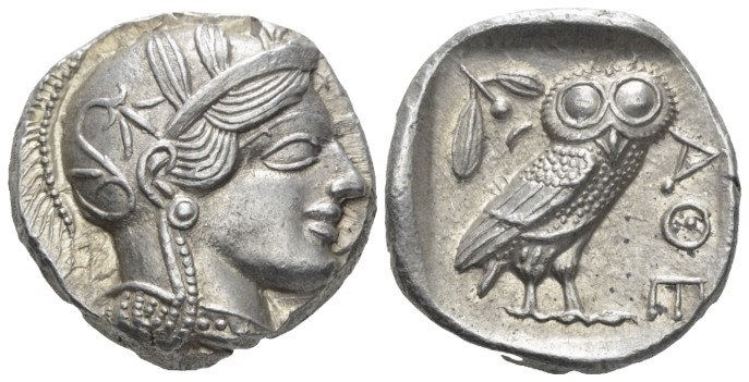 Attica, Athens Tetradrachm after 449, AR 24.00 mm., 17.25 g.
Head of Athena r.,...