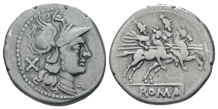 Sex. Quinctilius Denarius circa 189-180, AR 18.00 mm., 3.90 g.
Helmeted head of...