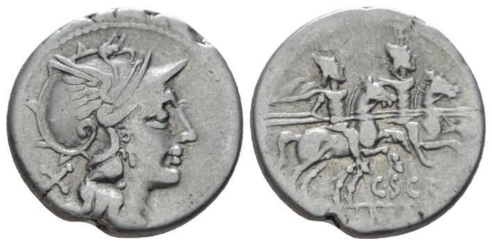 C. Scribonius. Denarius circa 154, AR 19.00 mm., 3.50 g.
Helmeted head of Roma ...