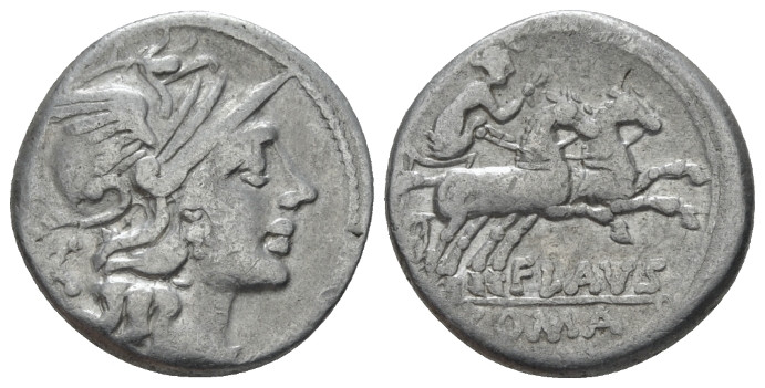 Decimius Flavus. Denarius circa 150, AR 18.00 mm., 3.73 g.
Helmeted head of Rom...