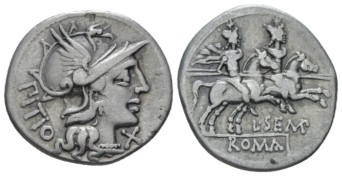 L. Sempronius Pitio. Denarius circa 148, AR 20.00 mm., 3.70 g.
Helmeted head of...